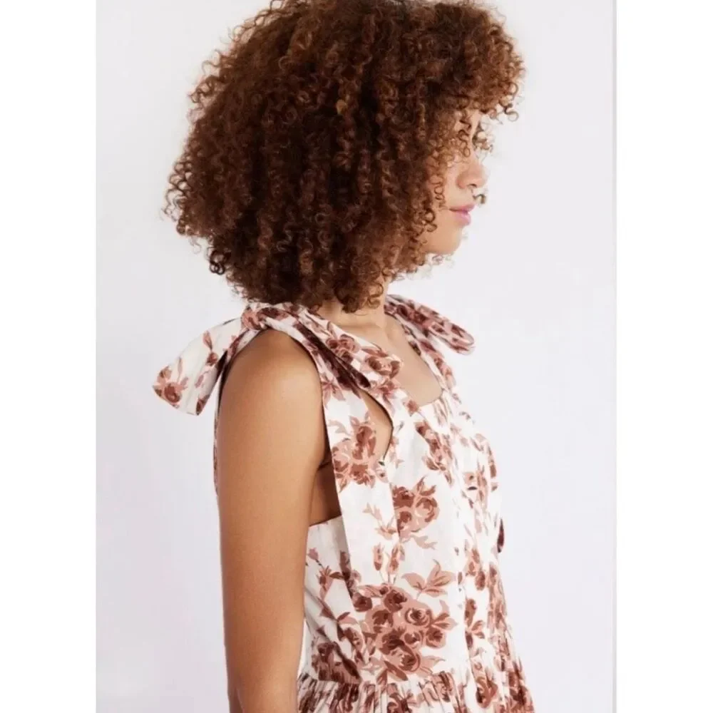 Mille Kiara Dress Small Brown Floral Tie Shoulder Tiered Ruffle Square Neck Boho - Picture 3 of 9